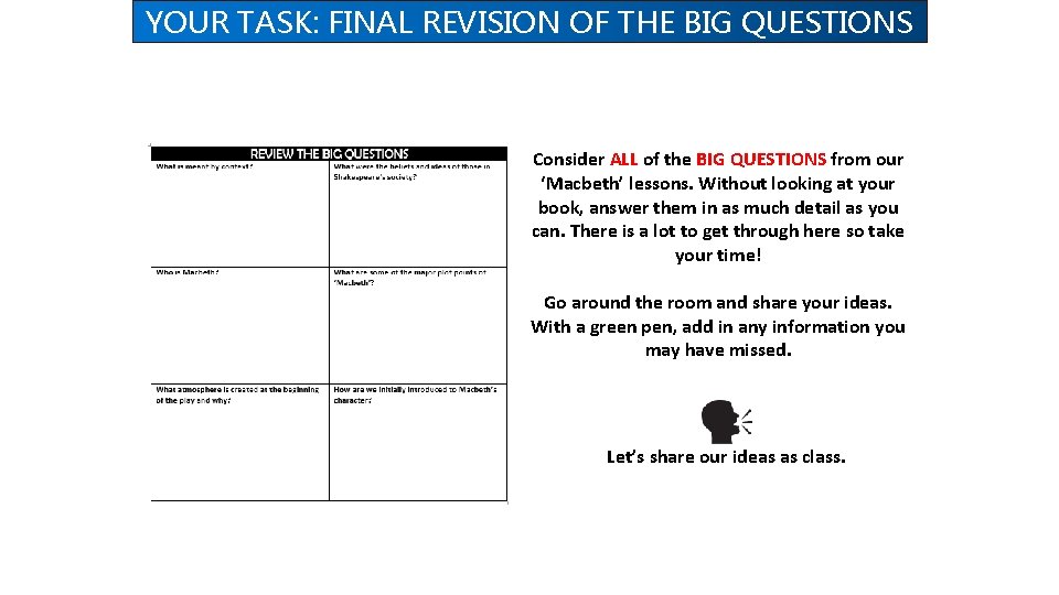 YOUR TASK: FINAL REVISION OF THE BIG QUESTIONS Consider ALL of the BIG QUESTIONS