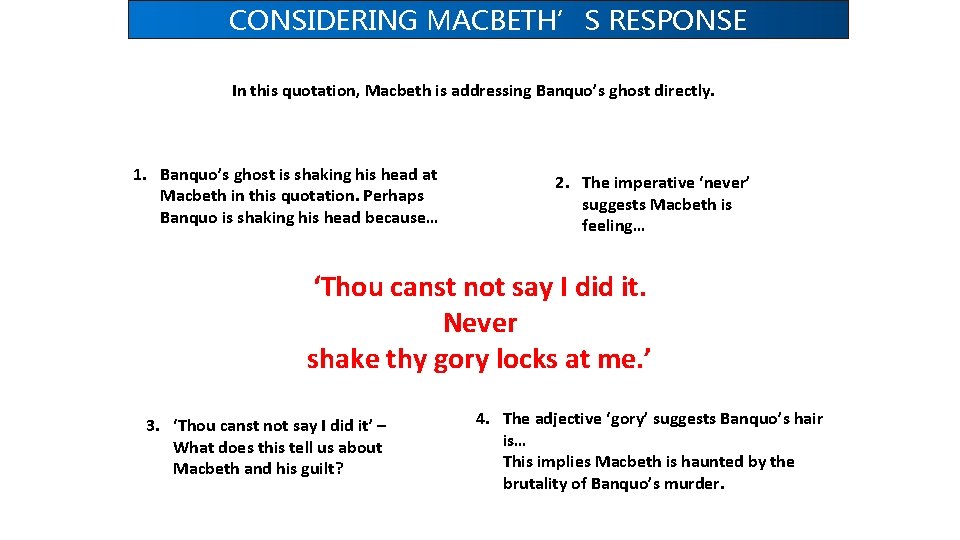 CONSIDERING MACBETH’S RESPONSE In this quotation, Macbeth is addressing Banquo’s ghost directly. 1. Banquo’s