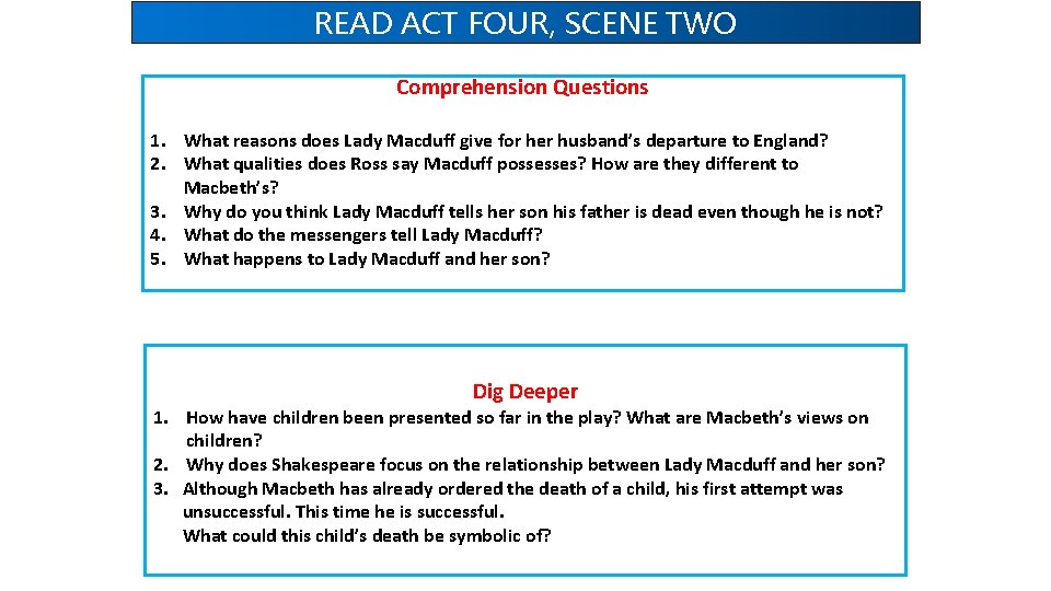 READ ACT FOUR, SCENE TWO Comprehension Questions 1. What reasons does Lady Macduff give