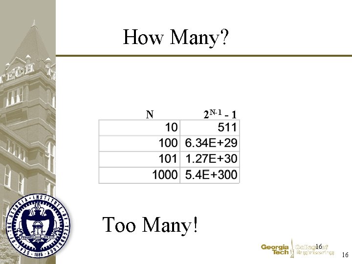 How Many? N 2 N-1 - 1 Too Many! 16 16 