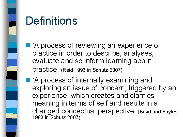 Definitions n ‘A process of reviewing an experience of practice in order to describe,