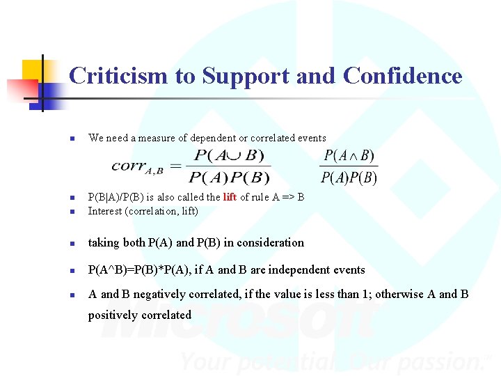 Criticism to Support and Confidence n We need a measure of dependent or correlated