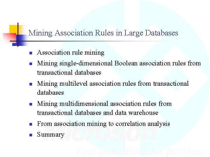 Mining Association Rules in Large Databases n n Association rule mining Mining single-dimensional Boolean