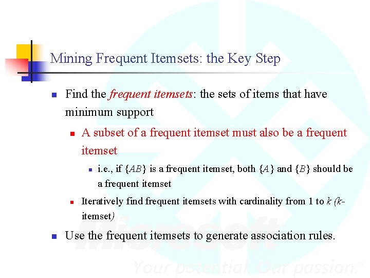 Mining Frequent Itemsets: the Key Step n Find the frequent itemsets: the sets of