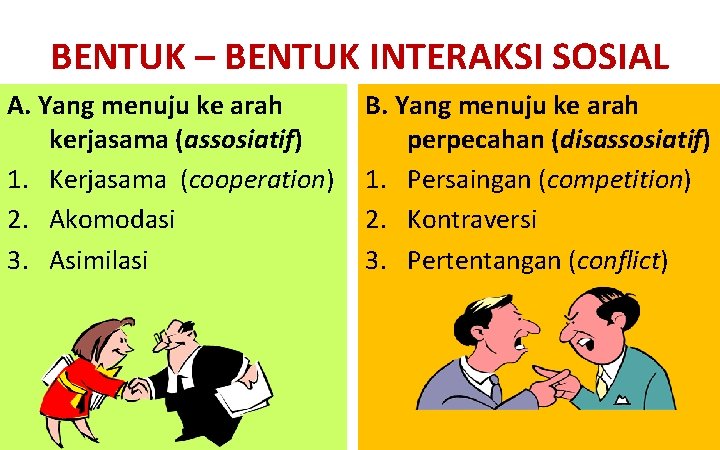 BENTUK – BENTUK INTERAKSI SOSIAL A. Yang menuju ke arah kerjasama (assosiatif) 1. Kerjasama