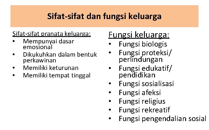 Sifat-sifat dan fungsi keluarga Sifat-sifat pranata keluarga: • Mempunyai dasar emosional • Dikukuhkan dalam