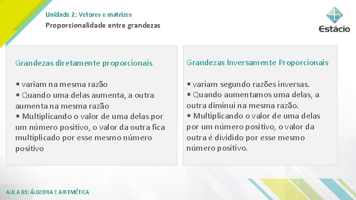 Unidade 2: Vetores e matrizes Proporcionalidade entre grandezas Grandezas diretamente proporcionais Grandezas Inversamente Proporcionais