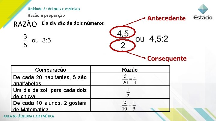 Unidade 2: Vetores e matrizes Razão e proporção RAZÃO Antecedente É a divisão de