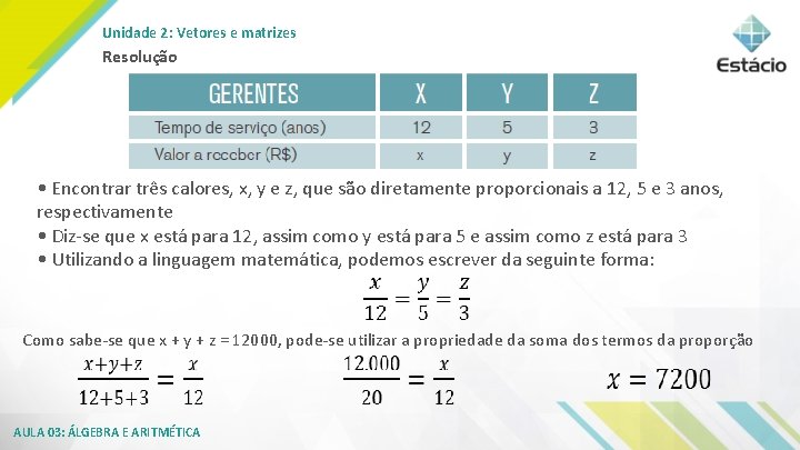 Unidade 2: Vetores e matrizes Resolução • Encontrar três calores, x, y e z,