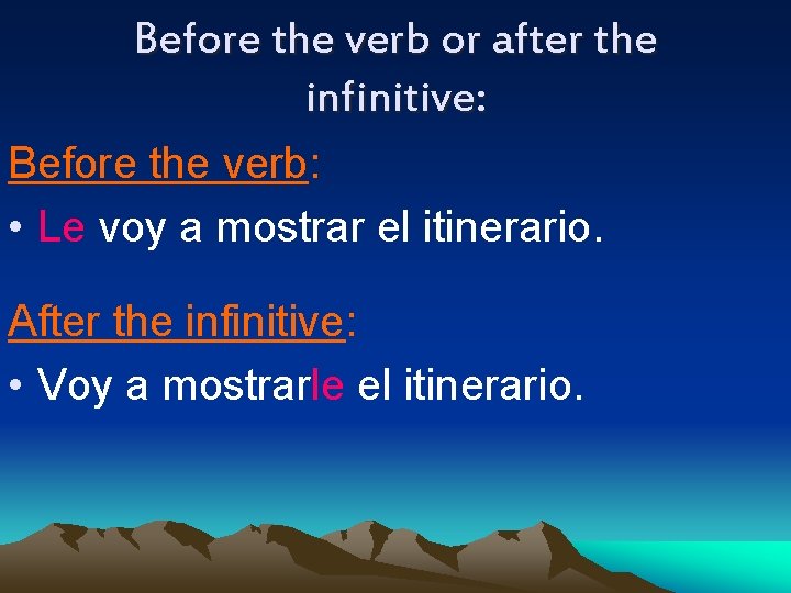 Before the verb or after the infinitive: Before the verb: • Le voy a