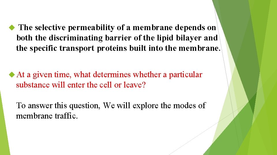  The selective permeability of a membrane depends on both the discriminating barrier of