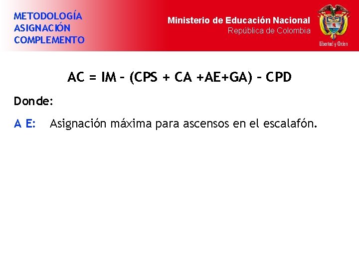 METODOLOGÍA ASIGNACIÓN COMPLEMENTO Ministerio de Educación Nacional República de Colombia AC = IM –