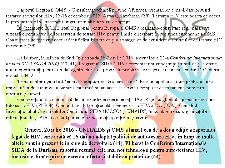 Raportul Regional OMS - Consultanță tehnică privind difuzarea orientărilor consolidate privind testarea serviciilor HIV,