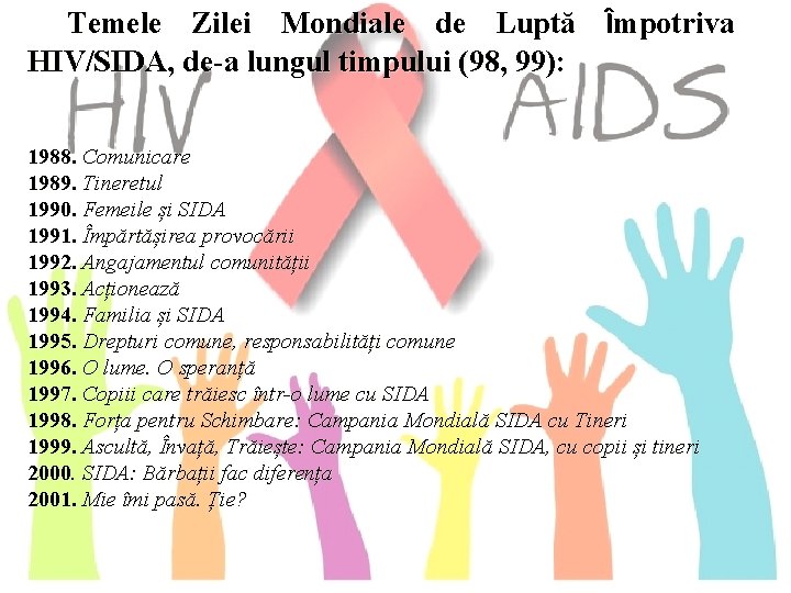 Temele Zilei Mondiale de Luptă Împotriva HIV/SIDA, de-a lungul timpului (98, 99): 19 Comunicare