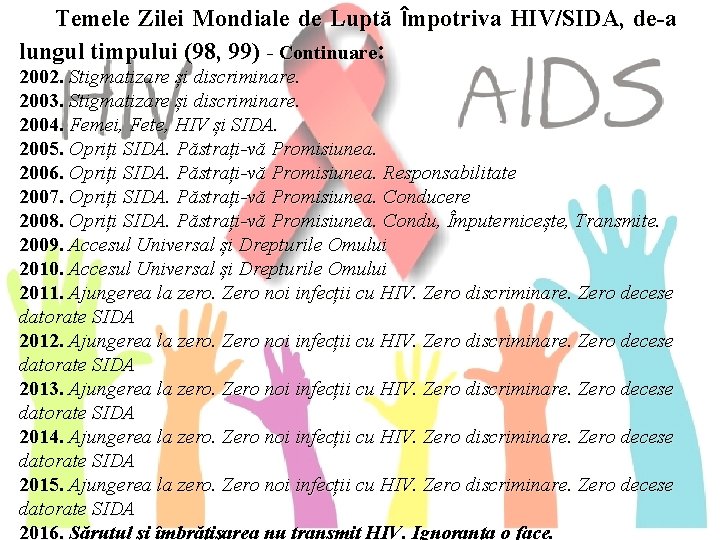 Temele Zilei Mondiale de Luptă Împotriva HIV/SIDA, de-a lungul timpului (98, 99) - Continuare: