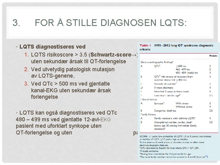 3. FOR Å STILLE DIAGNOSEN LQTS: • LQTS diagnostiseres ved 1. LQTS risikoscore >