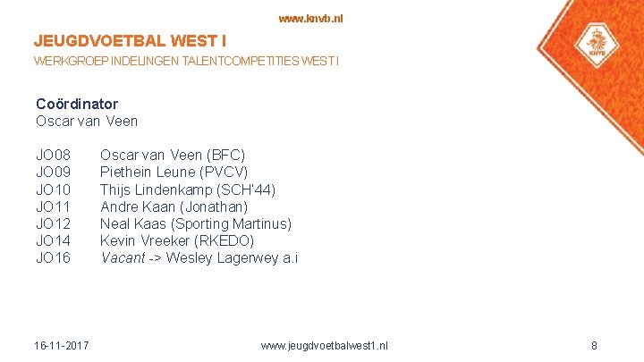 www. knvb. nl JEUGDVOETBAL WEST I WERKGROEP INDELINGEN TALENTCOMPETITIES WEST I Coördinator Oscar van