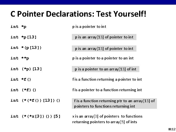 C Pointer Declarations: Test Yourself! int *p p is a pointer to int *p[13]