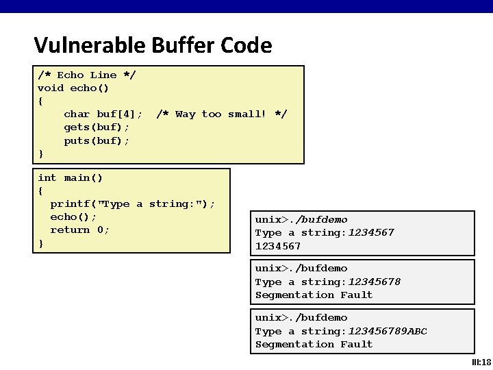 Vulnerable Buffer Code /* Echo Line */ void echo() { char buf[4]; gets(buf); puts(buf);