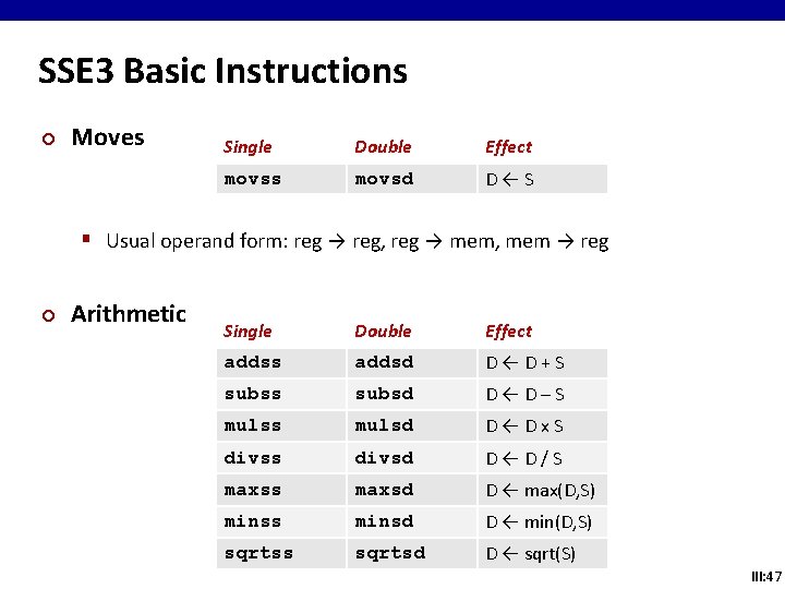 SSE 3 Basic Instructions ¢ Moves Single Double Effect movss movsd D←S § Usual