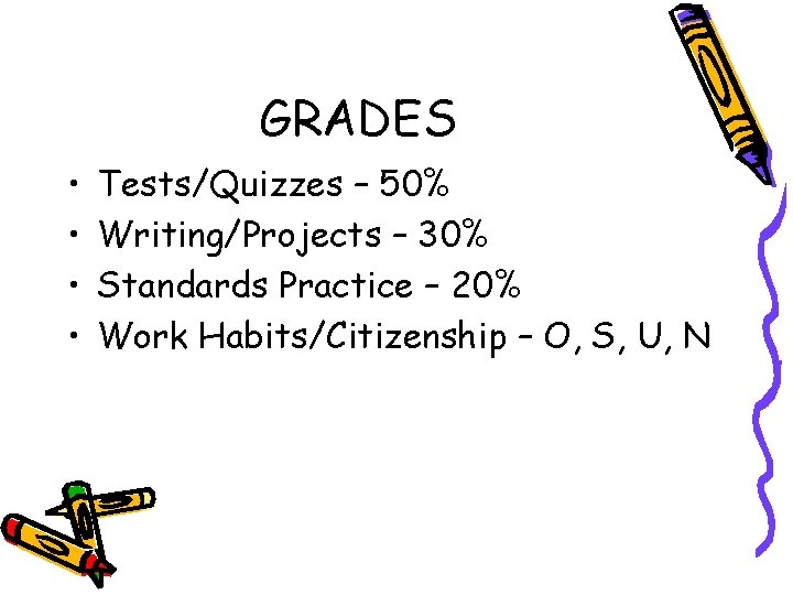 GRADES • • Tests/Quizzes – 50% Writing/Projects – 30% Standards Practice – 20% Work