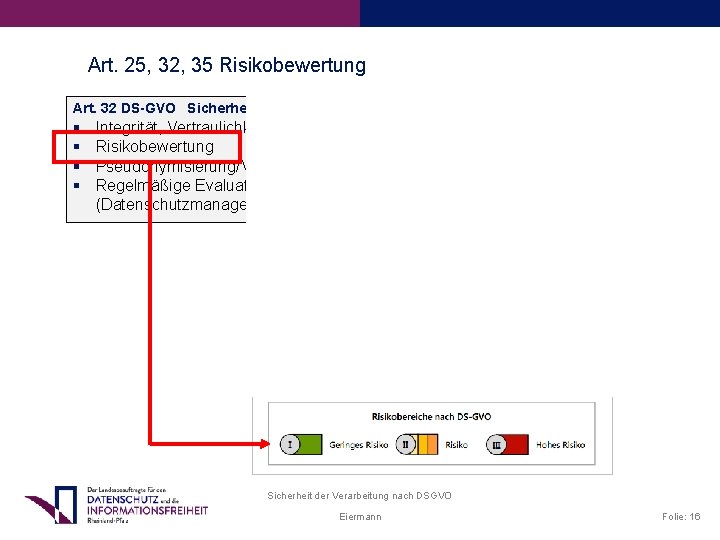 Art. 25, 32, 35 Risikobewertung Art. 32 DS-GVO Sicherheit der Verarbeitung: Integrität, Vertraulichkeit, Verfügbarkeit