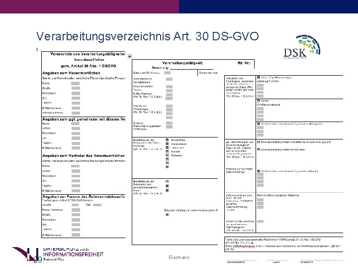 Verarbeitungsverzeichnis Art. 30 DS-GVO Sicherheit der Verarbeitung nach DSGVO 29 Eiermann 24. 11. 2020