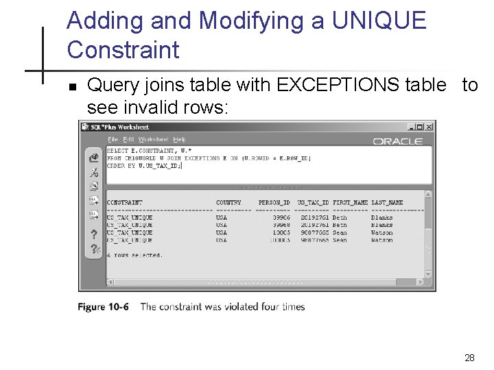 Adding and Modifying a UNIQUE Constraint n Query joins table with EXCEPTIONS table to