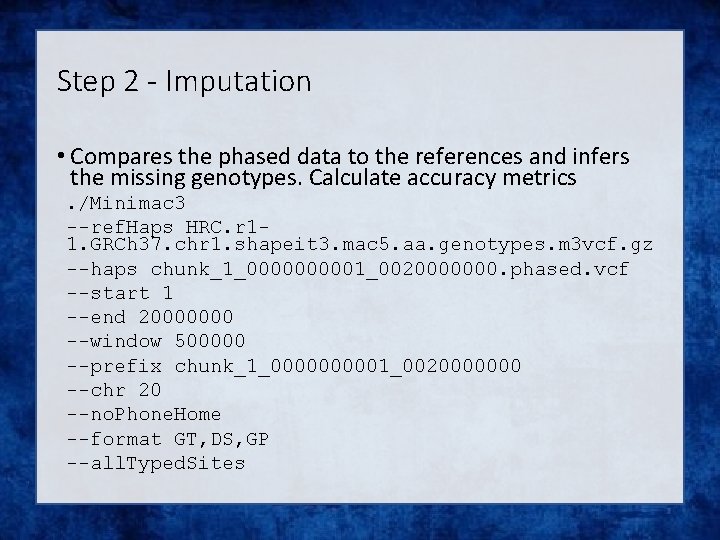 Step 2 - Imputation • Compares the phased data to the references and infers