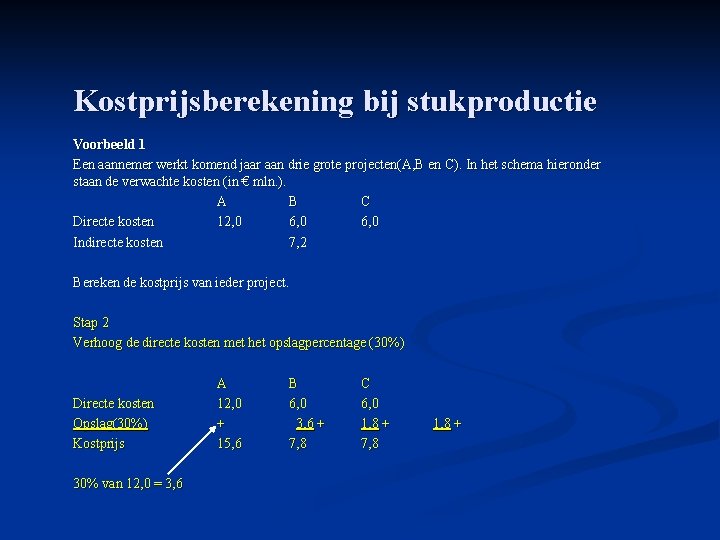 Kostprijsberekening bij stukproductie Voorbeeld 1 Een aannemer werkt komend jaar aan drie grote projecten(A,