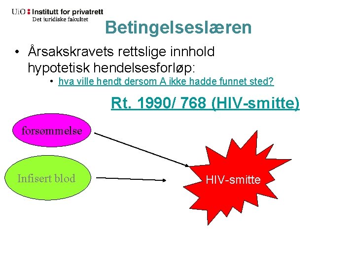 Betingelseslæren • Årsakskravets rettslige innhold hypotetisk hendelsesforløp: • hva ville hendt dersom A ikke