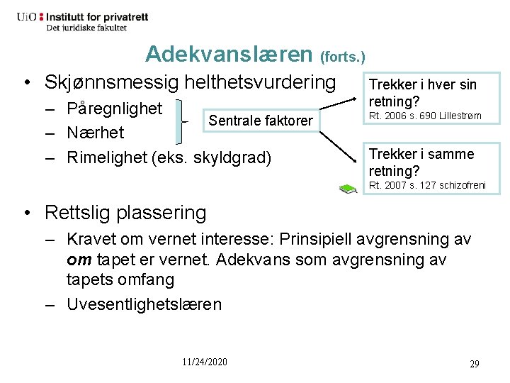 Adekvanslæren (forts. ) • Skjønnsmessig helthetsvurdering – Påregnlighet Sentrale faktorer – Nærhet – Rimelighet