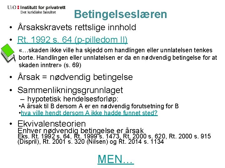 Betingelseslæren • Årsakskravets rettslige innhold • Rt. 1992 s. 64 (p-pilledom II) «…skaden ikke