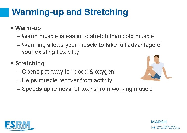 Warming-up and Stretching § Warm-up – Warm muscle is easier to stretch than cold