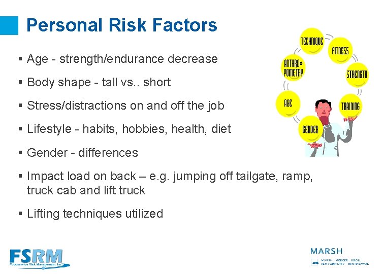 Personal Risk Factors § Age - strength/endurance decrease § Body shape - tall vs.