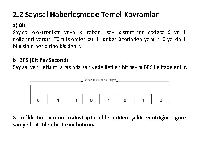 2. 2 Sayısal Haberleşmede Temel Kavramlar a) Bit Sayısal elektronikte veya iki tabanlı sayı