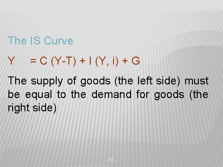 The IS Curve Y = C (Y-T) + I (Y, i) + G The