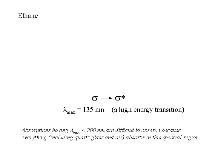 Ethane max = 135 nm (a high energy transition) Absorptions having max < 200