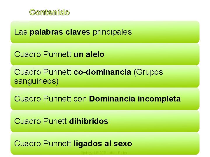 Contenido Las palabras claves principales Cuadro Punnett un alelo Cuadro Punnett co-dominancia (Grupos sanguineos)