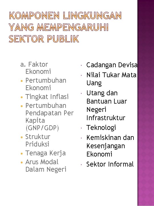 a. Faktor Ekonomi • Pertumbuhan Ekonomi • Tingkat Inflasi • Pertumbuhan Pendapatan Per Kapita