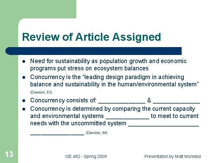 Review of Article Assigned l l 13 Need for sustainability as population growth and