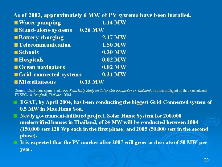 Status of PV Installation in Thailand: End of the Year 2003 As of 2003,