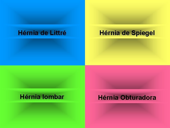 Hérnia de Littré Hérnia de Spiegel Hérnia lombar Hérnia Obturadora 