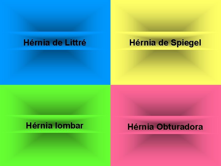 Hérnia de Littré Hérnia de Spiegel Hérnia lombar Hérnia Obturadora 