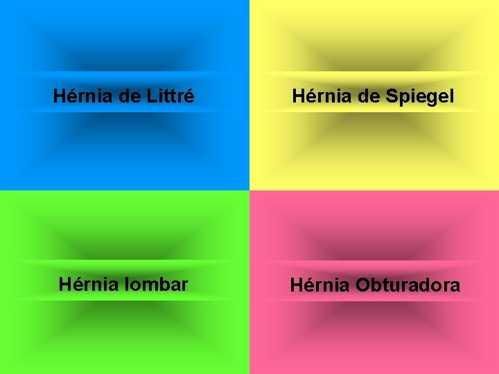 Hérnia de Littré Hérnia de Spiegel Hérnia lombar Hérnia Obturadora 