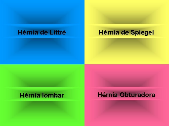 Hérnia de Littré Hérnia de Spiegel Hérnia lombar Hérnia Obturadora 