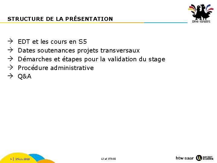 STRUCTURE DE LA PRÉSENTATION EDT et les cours en S 5 Dates soutenances projets