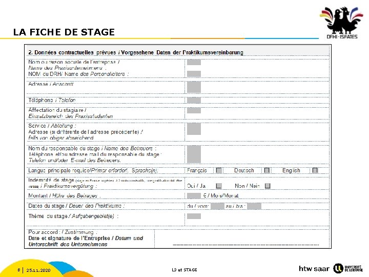 LA FICHE DE STAGE 8 25. 11. 2020 L 3 et STAGE 