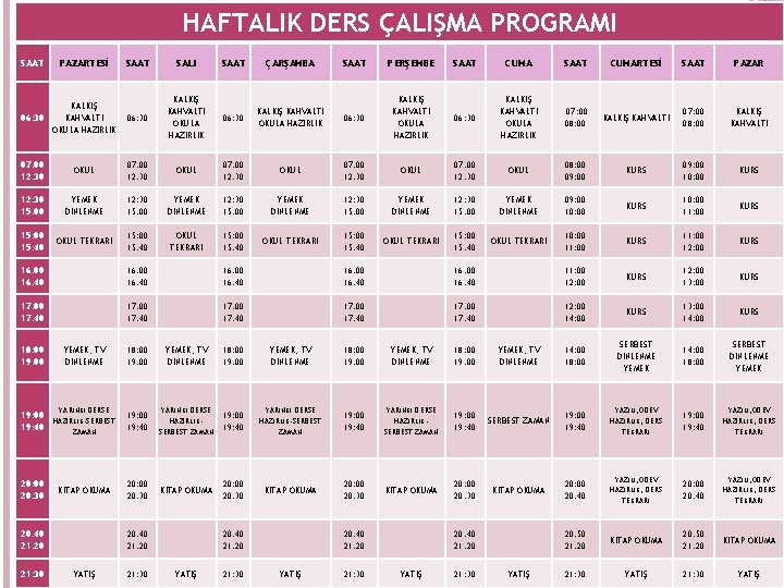 HAFTALIK DERS ÇALIŞMA PROGRAMI SAAT PAZARTESİ SAAT SALI SAAT ÇARŞAMBA SAAT PERŞEMBE SAAT CUMARTESİ