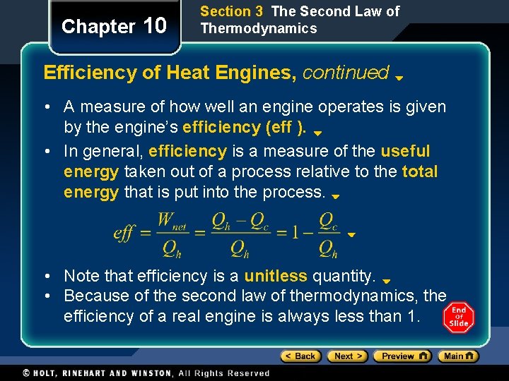 Chapter 10 Section 3 The Second Law of Thermodynamics Efficiency of Heat Engines, continued